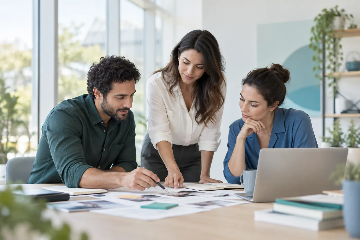 Conceptual scene of people examining information together before making a decision