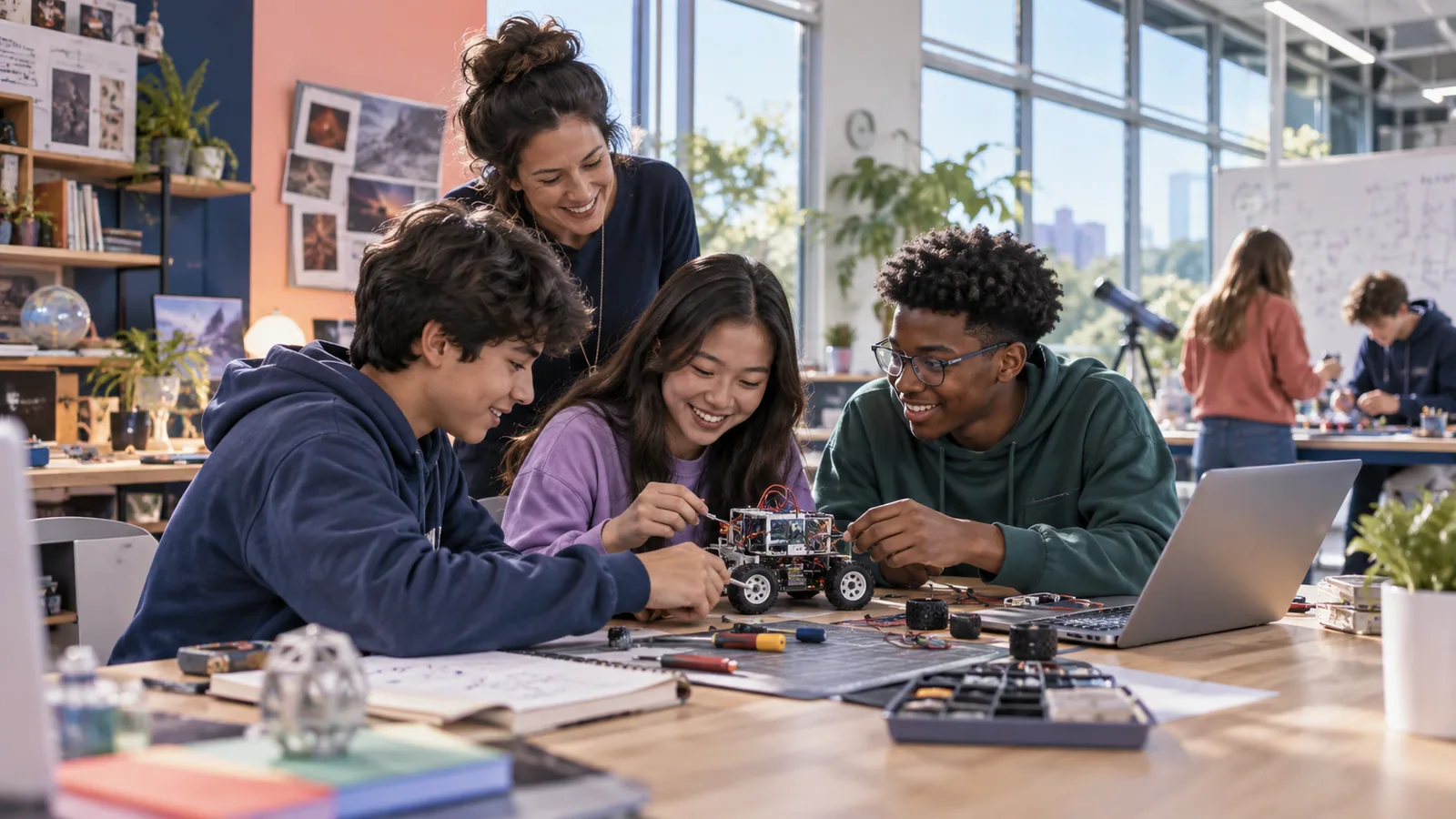 Conceptual image of students exploring robotics with an educator
